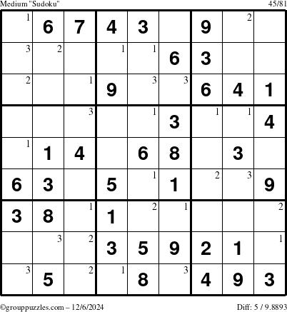 The grouppuzzles.com Medium Sudoku puzzle for Friday December 6, 2024 with the first 3 steps marked