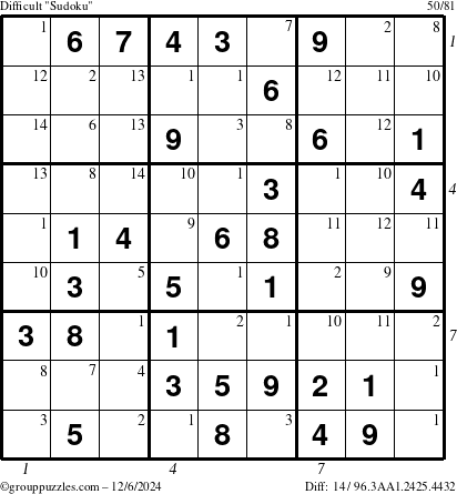 The grouppuzzles.com Difficult Sudoku puzzle for Friday December 6, 2024 with all 14 steps marked