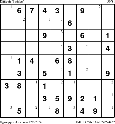 The grouppuzzles.com Difficult Sudoku puzzle for Friday December 6, 2024 with the first 3 steps marked