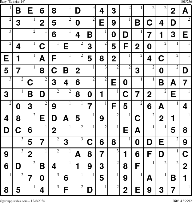 The grouppuzzles.com Easy Sudoku-16 puzzle for Friday December 6, 2024 with the first 3 steps marked