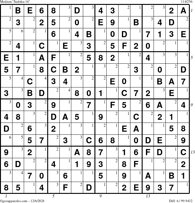 The grouppuzzles.com Medium Sudoku-16 puzzle for Friday December 6, 2024, suitable for printing, with all 6 steps marked