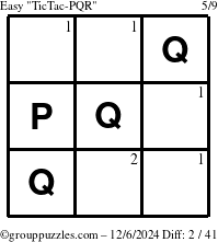 The grouppuzzles.com Easy TicTac-PQR puzzle for Friday December 6, 2024 with the first 2 steps marked