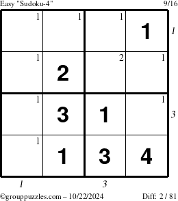 The grouppuzzles.com Easy Sudoku-4 puzzle for Tuesday October 22, 2024 with all 2 steps marked