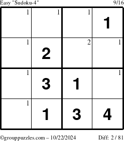 The grouppuzzles.com Easy Sudoku-4 puzzle for Tuesday October 22, 2024 with the first 2 steps marked