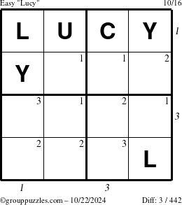 The grouppuzzles.com Easy Lucy puzzle for Tuesday October 22, 2024 with all 3 steps marked