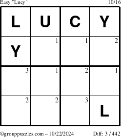 The grouppuzzles.com Easy Lucy puzzle for Tuesday October 22, 2024 with the first 3 steps marked