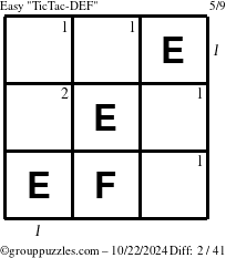 The grouppuzzles.com Easy TicTac-DEF puzzle for Tuesday October 22, 2024 with all 2 steps marked