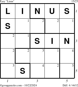 The grouppuzzles.com Easy Linus puzzle for Tuesday October 22, 2024, suitable for printing, with all 4 steps marked