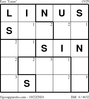 The grouppuzzles.com Easy Linus puzzle for Tuesday October 22, 2024 with the first 3 steps marked