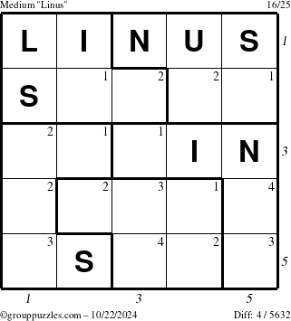 The grouppuzzles.com Medium Linus puzzle for Tuesday October 22, 2024 with all 4 steps marked