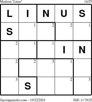 The grouppuzzles.com Medium Linus puzzle for Tuesday October 22, 2024 with the first 3 steps marked