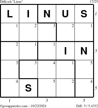 The grouppuzzles.com Difficult Linus puzzle for Tuesday October 22, 2024 with all 5 steps marked