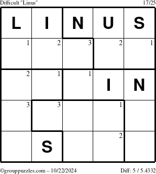 The grouppuzzles.com Difficult Linus puzzle for Tuesday October 22, 2024 with the first 3 steps marked