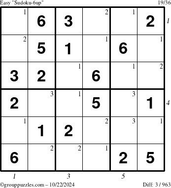 The grouppuzzles.com Easy Sudoku-6up puzzle for Tuesday October 22, 2024 with all 3 steps marked