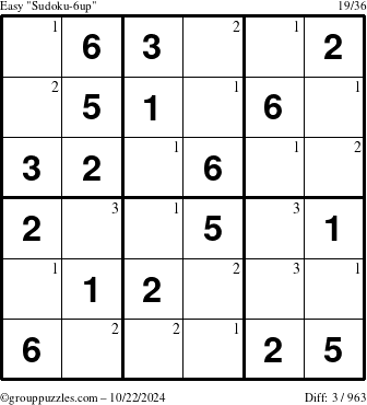 The grouppuzzles.com Easy Sudoku-6up puzzle for Tuesday October 22, 2024 with the first 3 steps marked