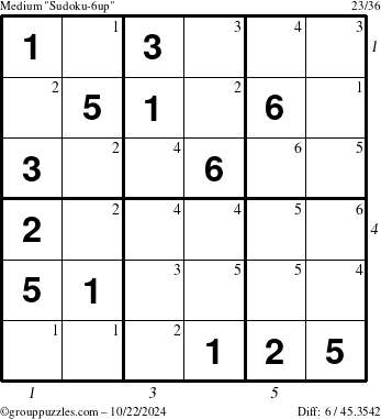 The grouppuzzles.com Medium Sudoku-6up puzzle for Tuesday October 22, 2024 with all 6 steps marked