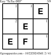 The grouppuzzles.com Easy TicTac-DEF puzzle for Tuesday October 22, 2024 with the first 2 steps marked