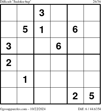 The grouppuzzles.com Difficult Sudoku-6up puzzle for Tuesday October 22, 2024