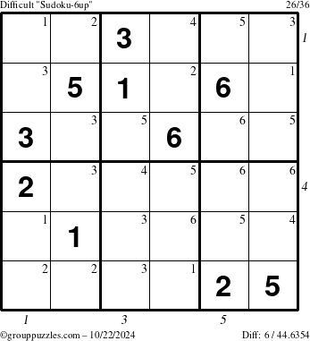 The grouppuzzles.com Difficult Sudoku-6up puzzle for Tuesday October 22, 2024 with all 6 steps marked