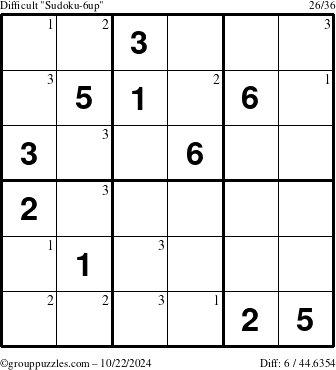 The grouppuzzles.com Difficult Sudoku-6up puzzle for Tuesday October 22, 2024 with the first 3 steps marked