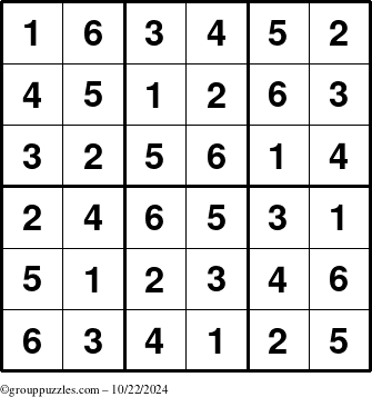 The grouppuzzles.com Answer grid for the Sudoku-6up puzzle for Tuesday October 22, 2024