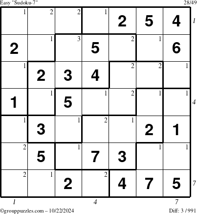 The grouppuzzles.com Easy Sudoku-7 puzzle for Tuesday October 22, 2024, suitable for printing, with all 3 steps marked