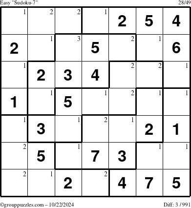 The grouppuzzles.com Easy Sudoku-7 puzzle for Tuesday October 22, 2024 with the first 3 steps marked