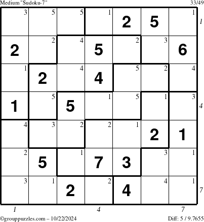 The grouppuzzles.com Medium Sudoku-7 puzzle for Tuesday October 22, 2024 with all 5 steps marked