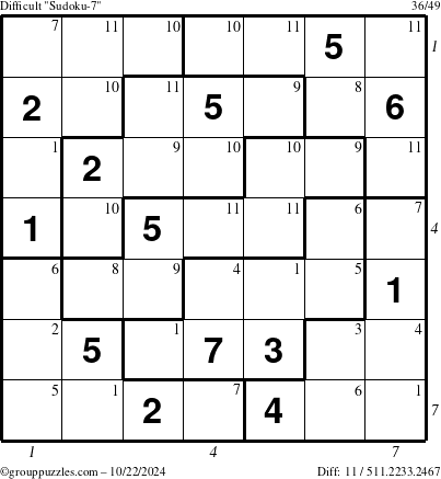 The grouppuzzles.com Difficult Sudoku-7 puzzle for Tuesday October 22, 2024 with all 11 steps marked