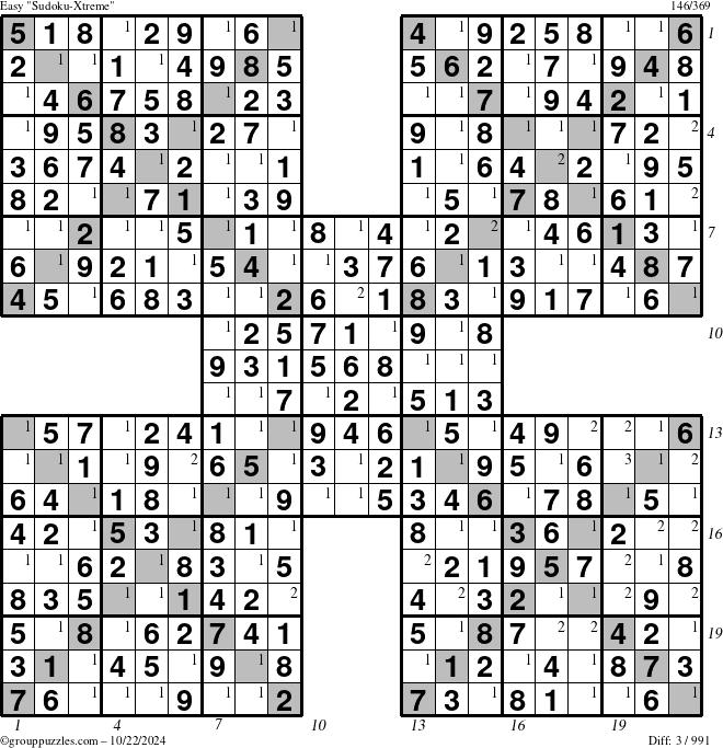 The grouppuzzles.com Easy Sudoku-Xtreme puzzle for Tuesday October 22, 2024 with all 3 steps marked