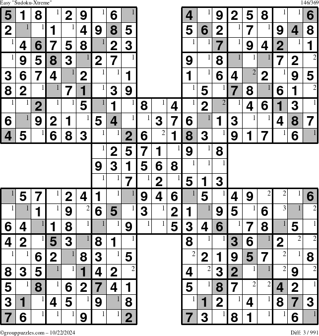 The grouppuzzles.com Easy Sudoku-Xtreme puzzle for Tuesday October 22, 2024 with the first 3 steps marked