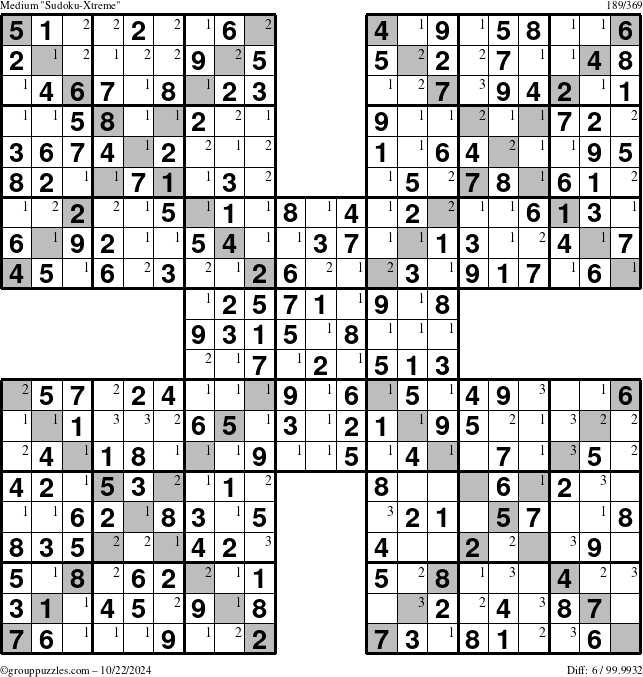 The grouppuzzles.com Medium Sudoku-Xtreme puzzle for Tuesday October 22, 2024 with the first 3 steps marked