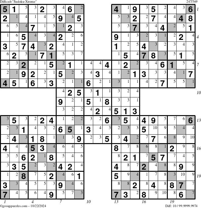 The grouppuzzles.com Difficult Sudoku-Xtreme puzzle for Tuesday October 22, 2024 with all 10 steps marked