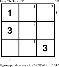 The grouppuzzles.com Easy TicTac-123 puzzle for Tuesday October 22, 2024 with all 2 steps marked