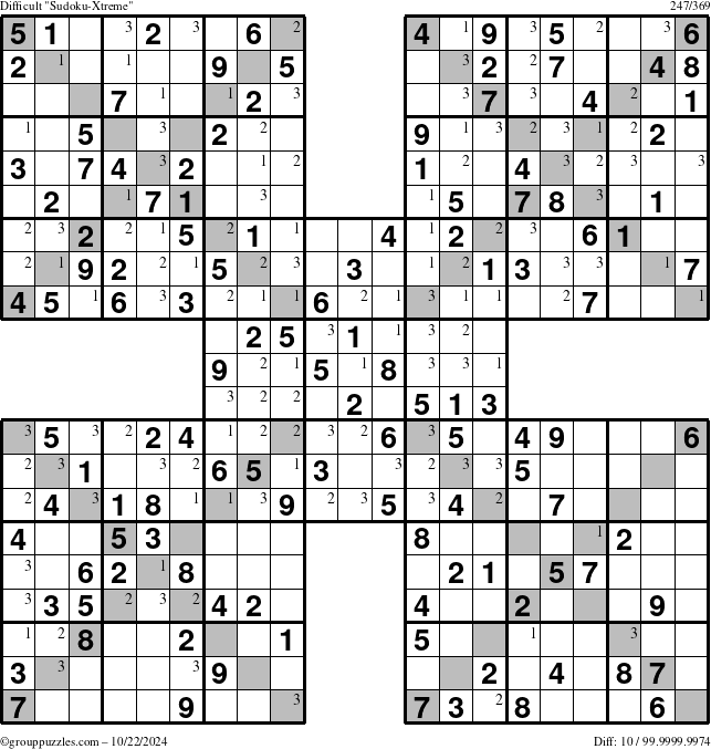 The grouppuzzles.com Difficult Sudoku-Xtreme puzzle for Tuesday October 22, 2024 with the first 3 steps marked