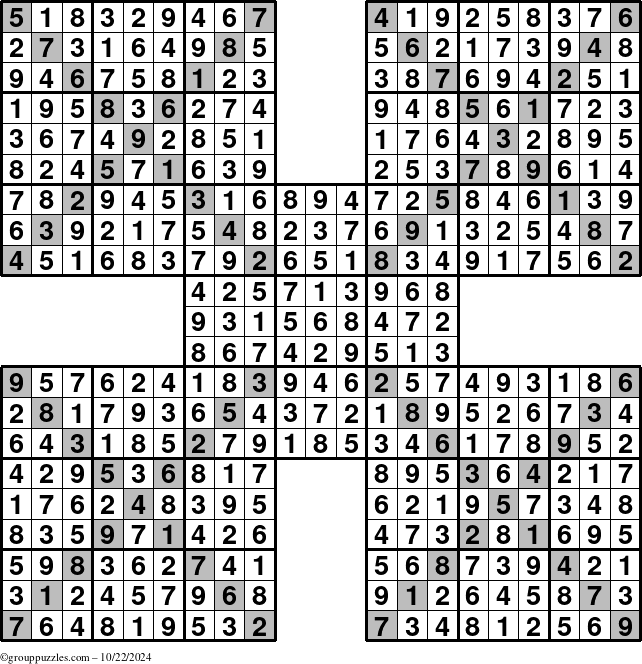 The grouppuzzles.com Answer grid for the Sudoku-Xtreme puzzle for Tuesday October 22, 2024