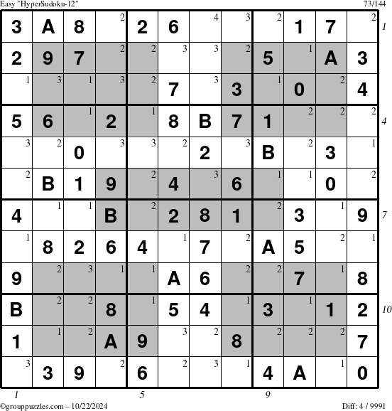 The grouppuzzles.com Easy HyperSudoku-12 puzzle for Tuesday October 22, 2024, suitable for printing, with all 4 steps marked