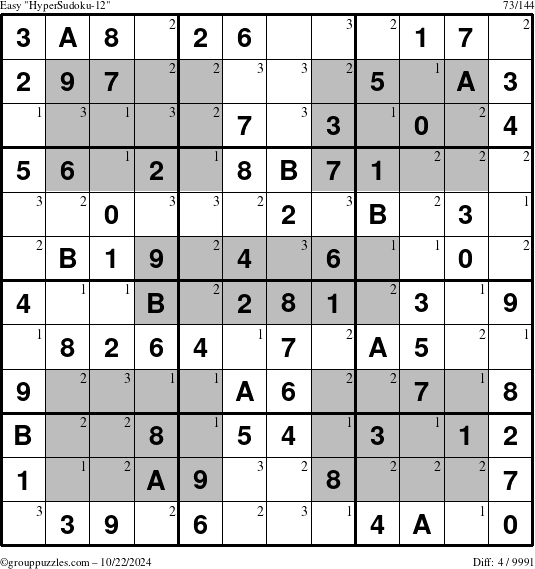 The grouppuzzles.com Easy HyperSudoku-12 puzzle for Tuesday October 22, 2024 with the first 3 steps marked