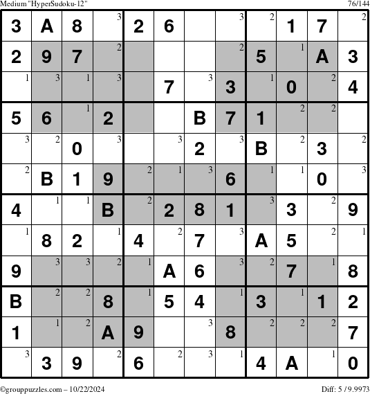 The grouppuzzles.com Medium HyperSudoku-12 puzzle for Tuesday October 22, 2024 with the first 3 steps marked