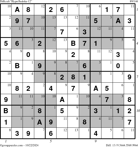 The grouppuzzles.com Difficult HyperSudoku-12 puzzle for Tuesday October 22, 2024 with all 13 steps marked