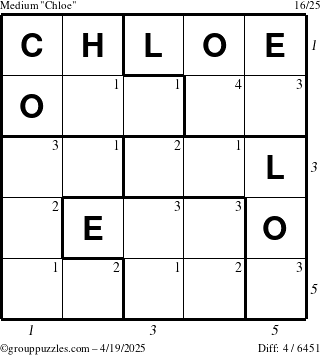 The grouppuzzles.com Medium Chloe puzzle for Saturday April 19, 2025, suitable for printing, with all 4 steps marked
