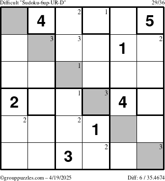 The grouppuzzles.com Difficult Sudoku-6up-UR-D puzzle for Saturday April 19, 2025 with the first 3 steps marked