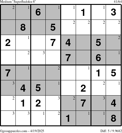 The grouppuzzles.com Medium SuperSudoku-8 puzzle for Saturday April 19, 2025 with the first 3 steps marked