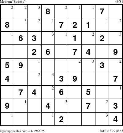 The grouppuzzles.com Medium Sudoku puzzle for Saturday April 19, 2025 with the first 3 steps marked