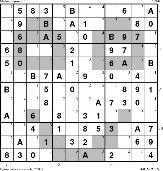 The grouppuzzles.com Medium tpsmith puzzle for Saturday April 19, 2025 with all 5 steps marked