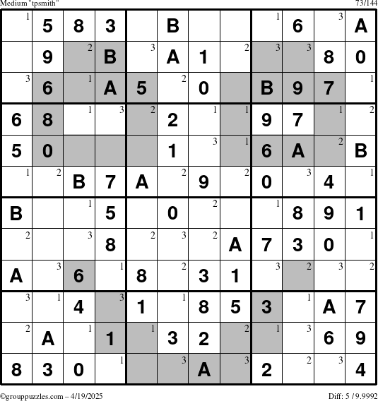 The grouppuzzles.com Medium tpsmith puzzle for Saturday April 19, 2025 with the first 3 steps marked