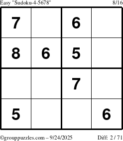 The grouppuzzles.com Easy Sudoku-4-5678 puzzle for Wednesday September 24, 2025