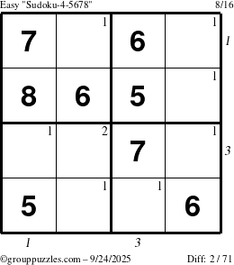 The grouppuzzles.com Easy Sudoku-4-5678 puzzle for Wednesday September 24, 2025, suitable for printing, with all 2 steps marked