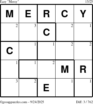 The grouppuzzles.com Easy Mercy puzzle for Wednesday September 24, 2025 with the first 3 steps marked