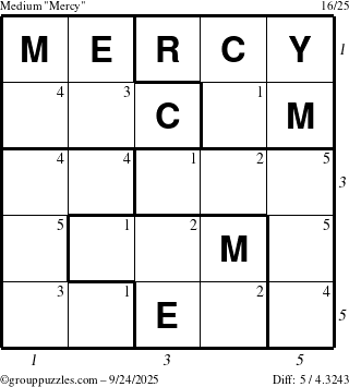 The grouppuzzles.com Medium Mercy puzzle for Wednesday September 24, 2025, suitable for printing, with all 5 steps marked